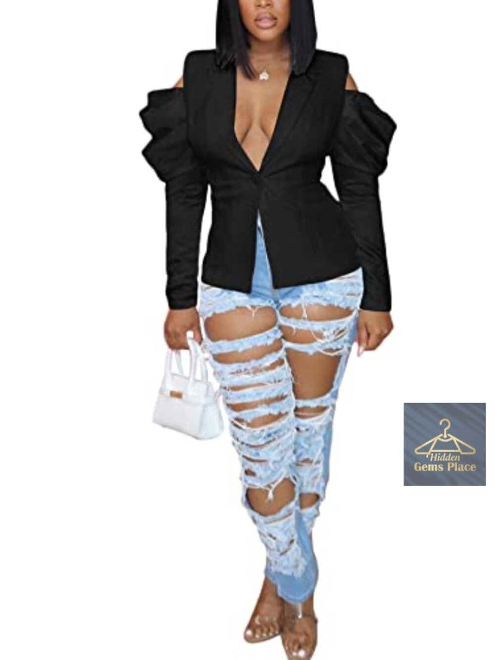 Women's Casual Blazer Open Front Puff Sleeve Suit Jacket Long Sleeve Lightweight
